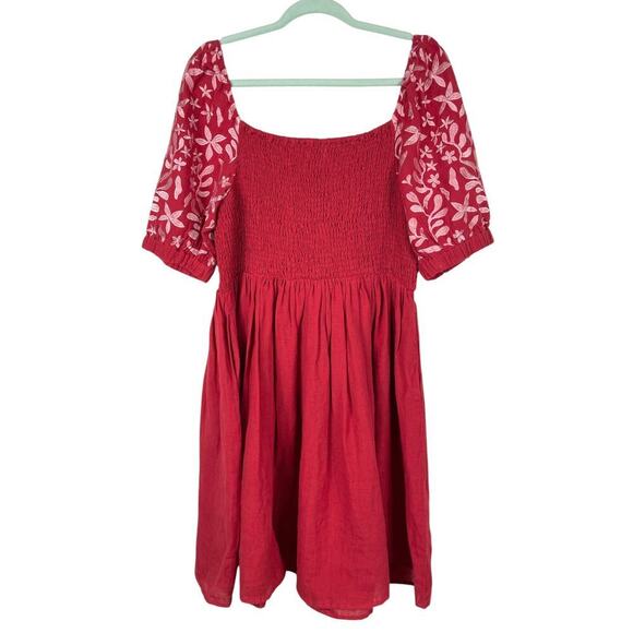 MerSea Voyageur 100% Linen Dress XL Red Embroidered Puff Sleeve Mini Beachy - Picture 6 of 12